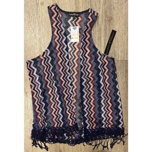 Almost Famous Blue and Pink ZigZag Vest Fringe 1X New